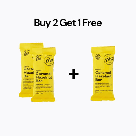 Three yellow packages of organic caramel hazelnut bars with a 'Buy 2 Get 1 Free' offer on a white background.