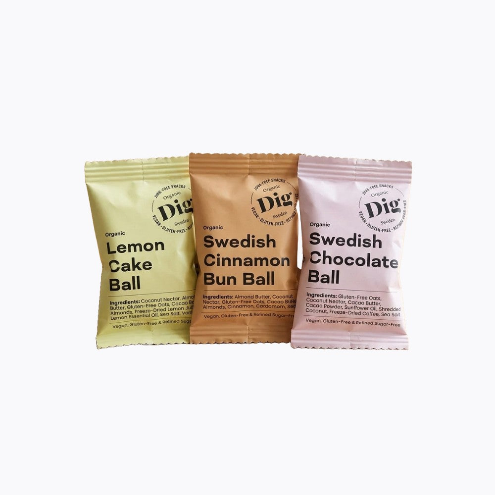 Three packages of Swedish Chocolate Ball, Swedish Cinnamon Bun Ball, and Lemon Cake Ball on a white background.