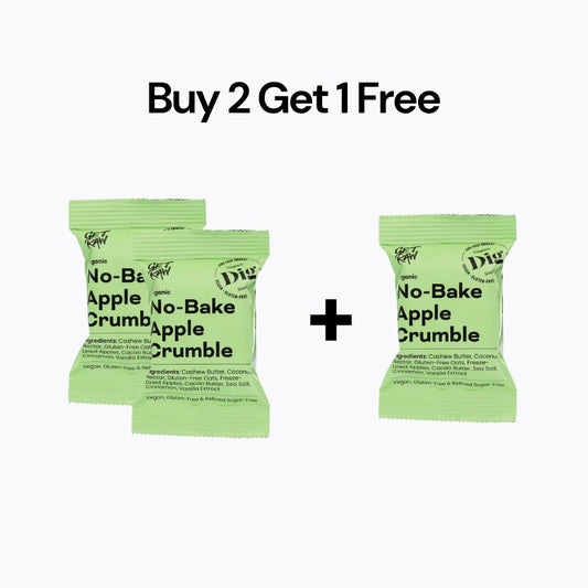 Two green packages of 'No-Bake Apple Crumble' with a promotional text 'Buy 2 Get 1 Free' on a white background.