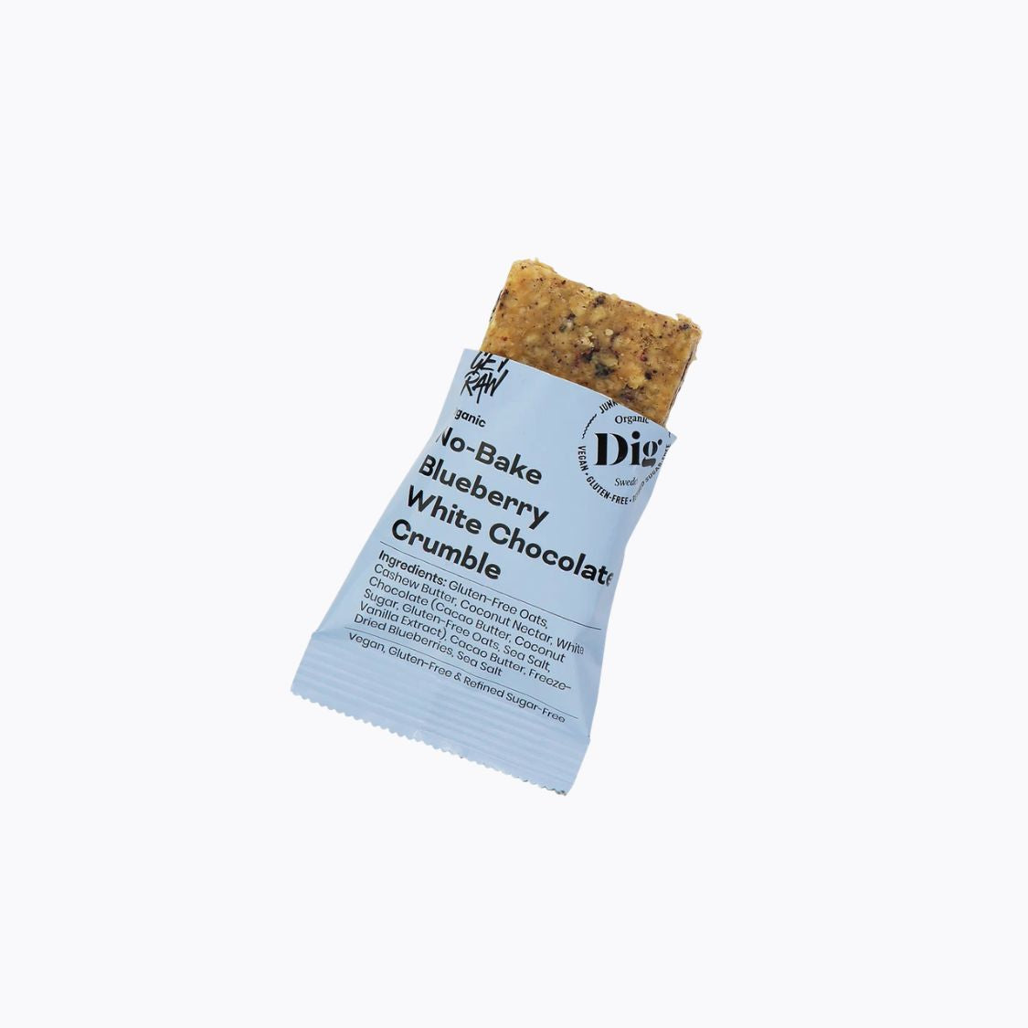 A single packaged crumble snack with a partially unwrapped square crumble bar, shown on a clean white background. The wrapper is light blue with black text reading 'Dig Free To-Bake Blueberry White Chocolate Crumble'.