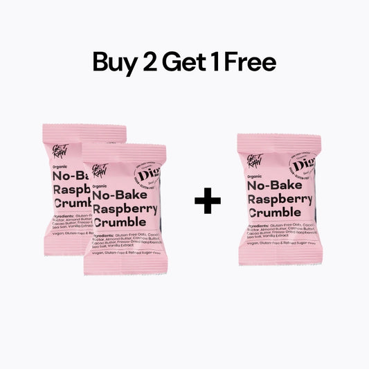 Two pink packages of 'No-Bake Raspberry Crumble' with a promotional text 'Buy 2 Get 1 Free' on a white background.