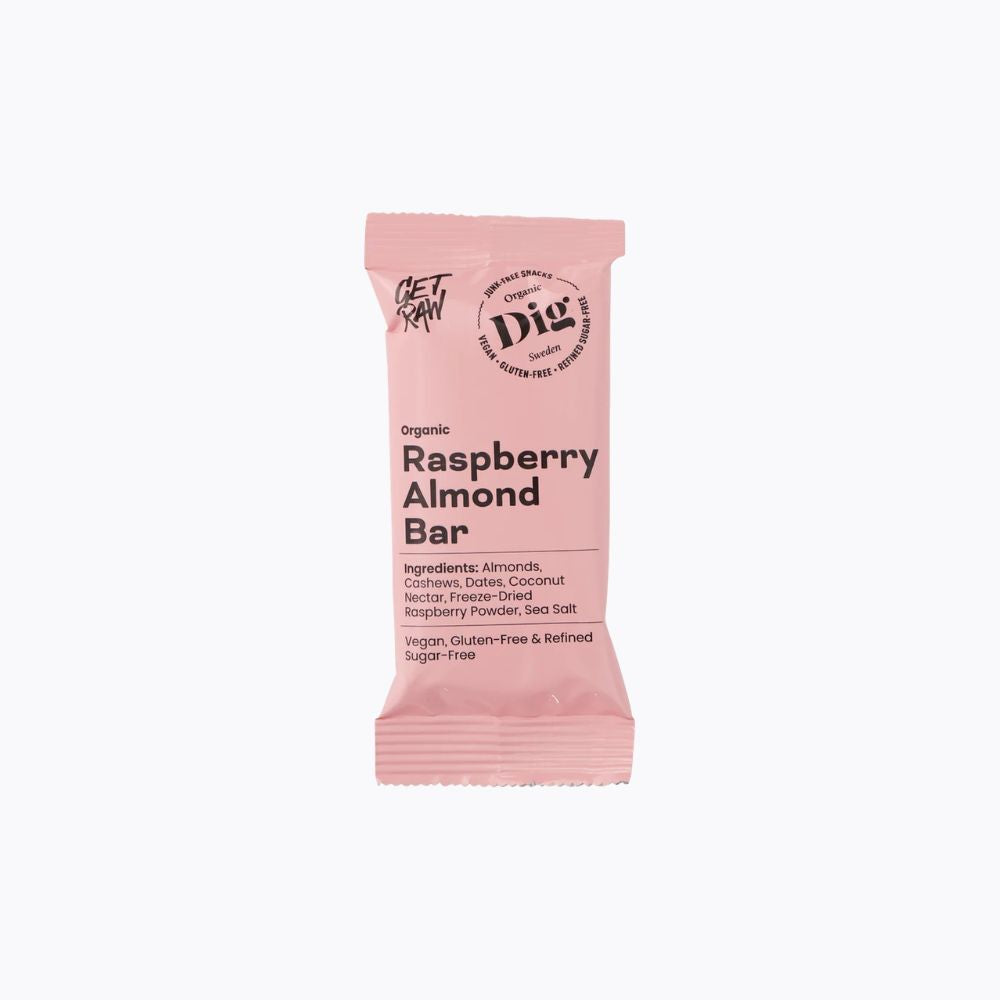 A single pink wrapper for a Raspberry Almond Bar from Get Raw, shown on a clean white background.