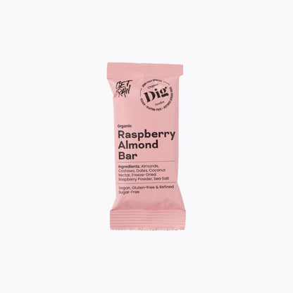 A single pink wrapper for a Raspberry Almond Bar from Get Raw, shown on a clean white background.