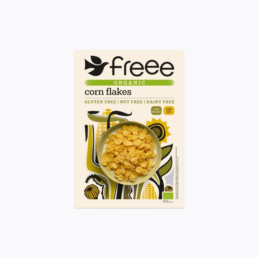 A package of Doves Farm Organic Ancient Grain Breakfast Flakes, with an image of the flakes in a bowl on the front.