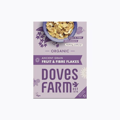 Box of Doves Farm organic ancient grain fruit and fibre flakes on a white background