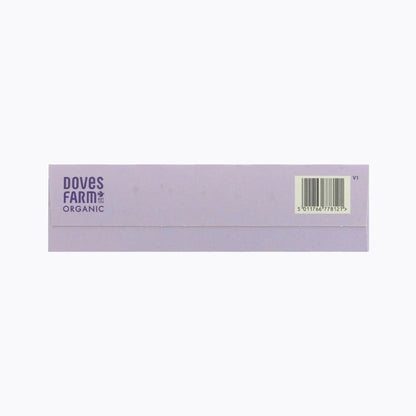 Purple box with 'Doves Farm' branding and a barcode on a white background