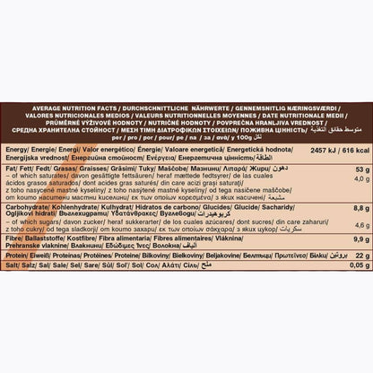 Nutrition facts label on a product packaging with multiple languages.