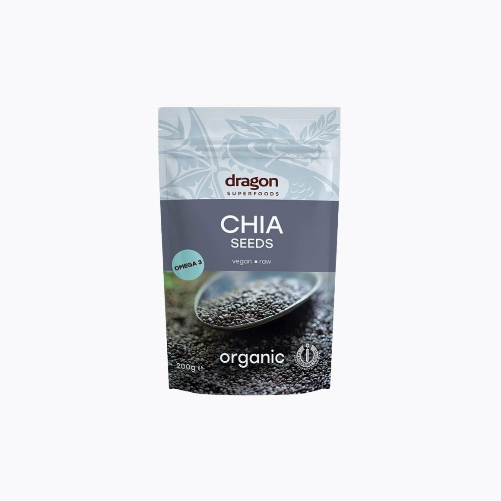 Bag of chia seeds with 'Dragon Superfoods' branding on a white background