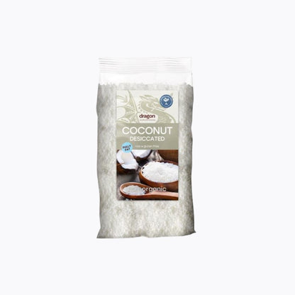 Bag of desiccated coconut with a visible brand label on a white background