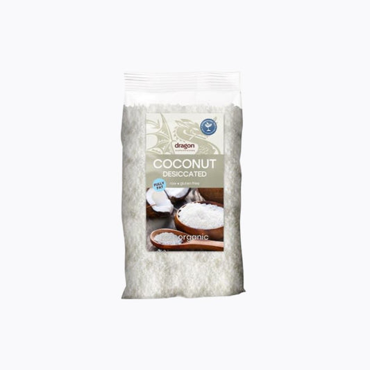 Bag of desiccated coconut with a visible brand label on a white background