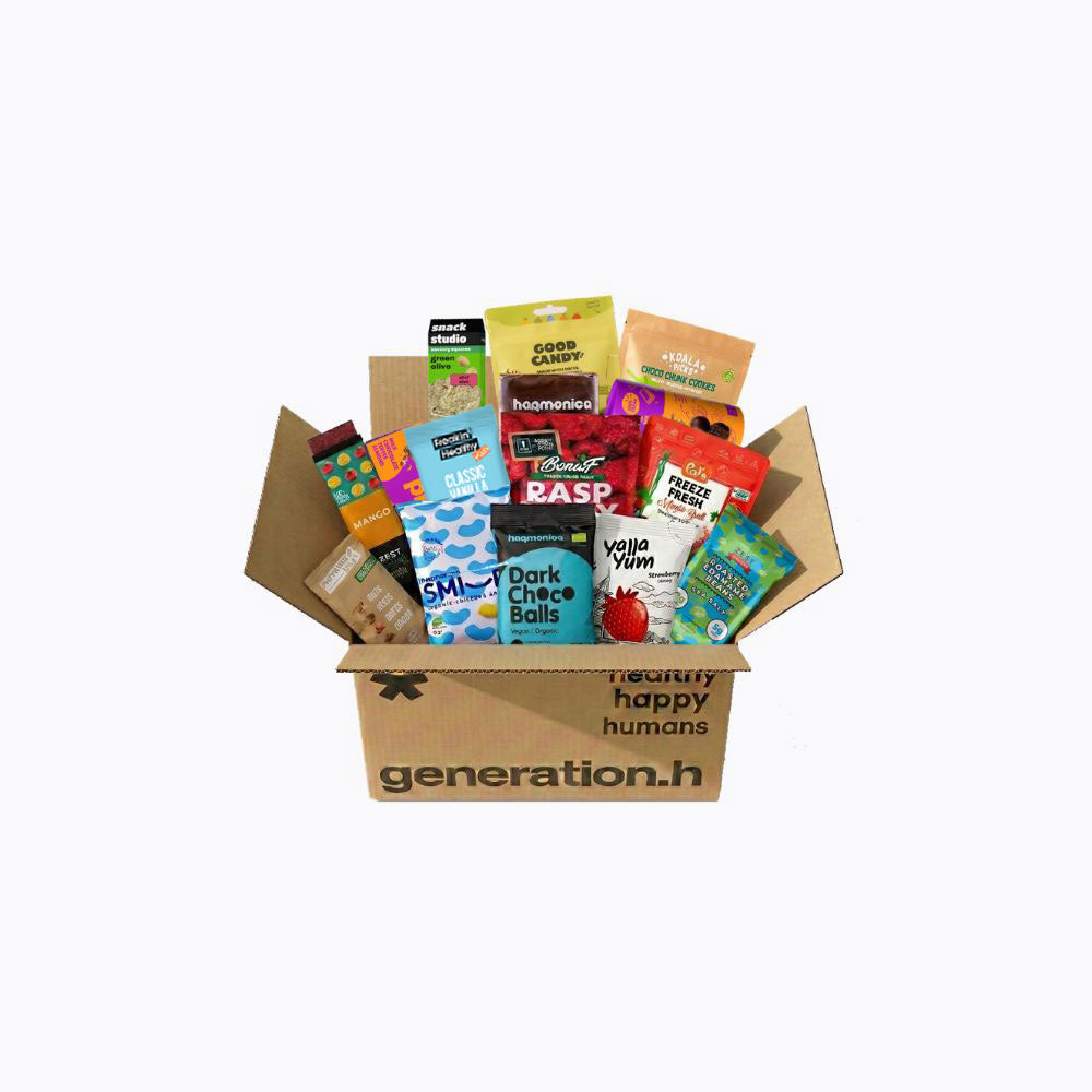 Box of snacks from 'generation.h' with various snack packages inside on a white background
