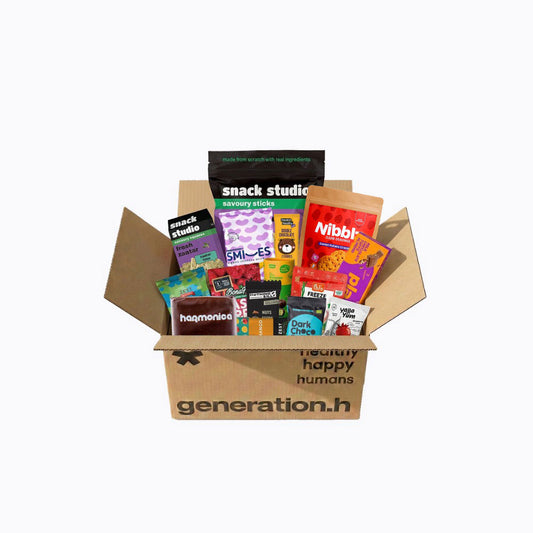 Box of snacks from 'generation.h' with various snack packages inside on a white background