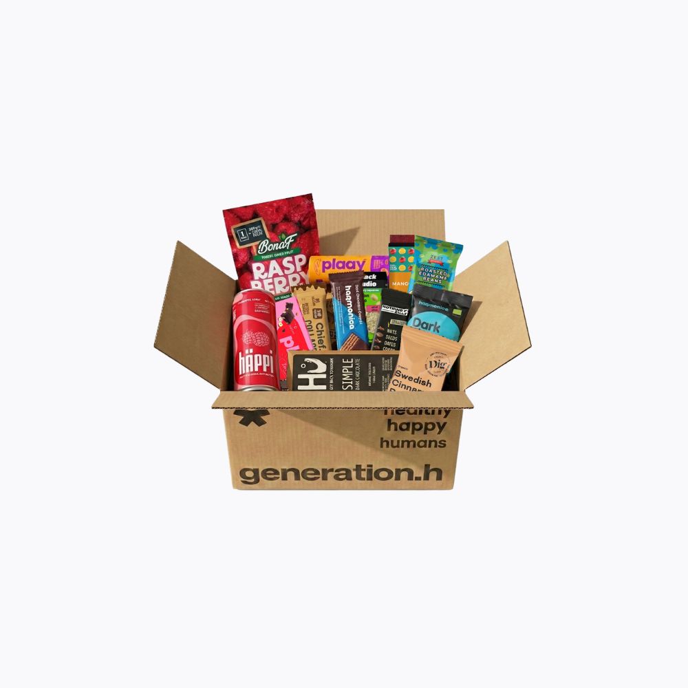 Open cardboard box filled with various snacks and drinks, branded 'generation.h', on a white background.