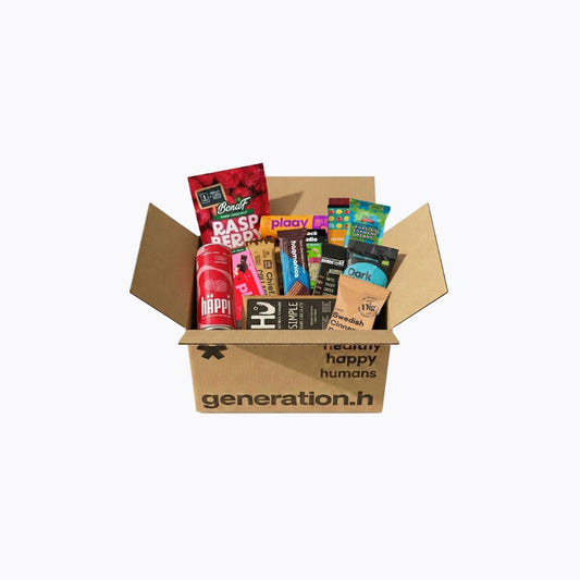 Open cardboard box filled with various snacks and drinks, branded 'generation.h', on a white background.