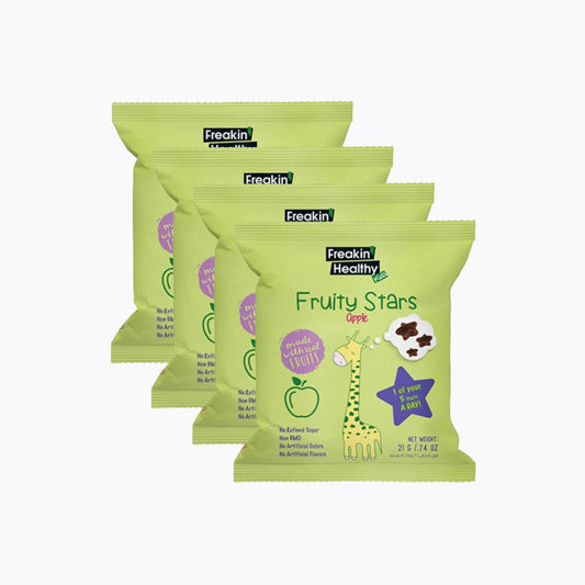 Multiple packages of Freakin Healthy Fruity Stars on a white background