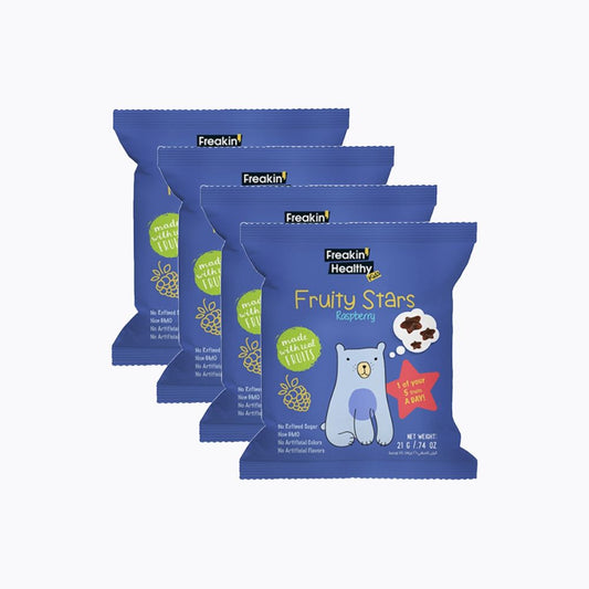 Four packages of Freakin Healthy Fruity Stars Raspberry on a white background