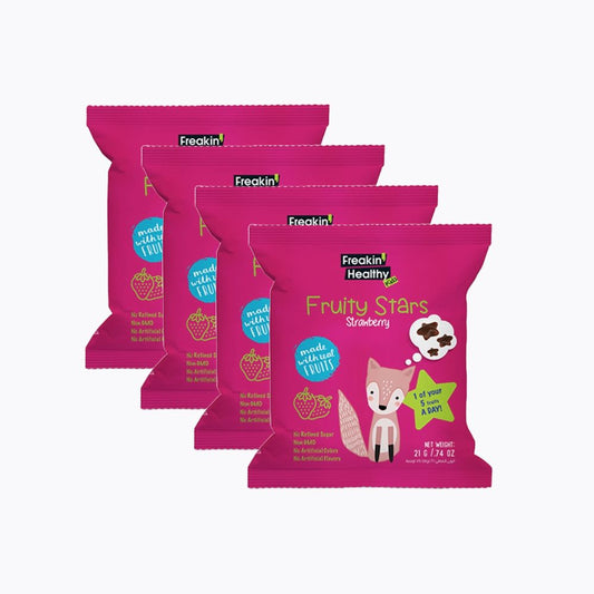 Five packages of Freakin' Healthy Fruity Stars Strawberry on a white background