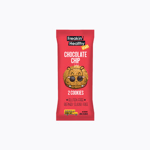 Packaging of Kids Chocolate Chip Cookies showing a cartoon image of a cookie with glasses and a description of the product as gluten-free and refined sugar-free.