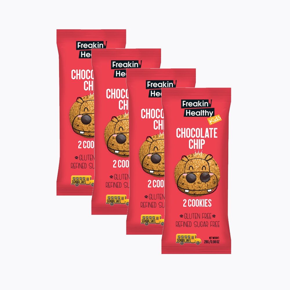 Four red packages of Freakin' Healthy chocolate chip cookies on a white background