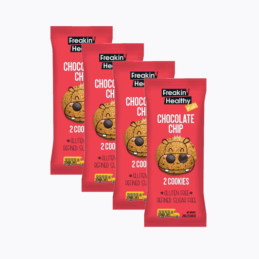 Four red packages of Freakin' Healthy chocolate chip cookies on a white background