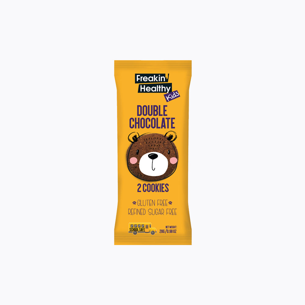 Packaging of Kids Double Chocolate Cookies by Freakin' Healthy, indicating gluten-free, refined sugar-free, and vegan attributes.