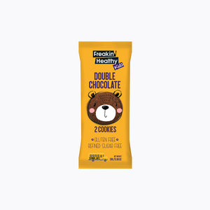 Packaging of Kids Double Chocolate Cookies by Freakin' Healthy, indicating gluten-free, refined sugar-free, and vegan attributes.