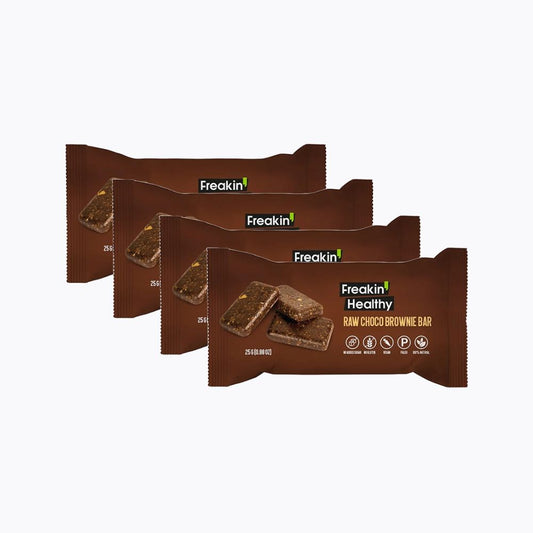Five packages of Freakin' Healthy Raw Choco Brownie Bars on a white background
