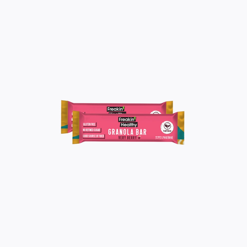 Pink granola bar package with 'Freakin' Healthy' branding on a white background