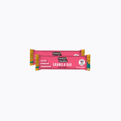 Pink granola bar package with 'Freakin' Healthy' branding on a white background