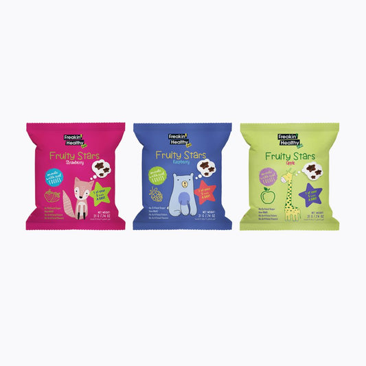 Three packages of Fruity Stars snacks in pink, blue, and green on a white background
