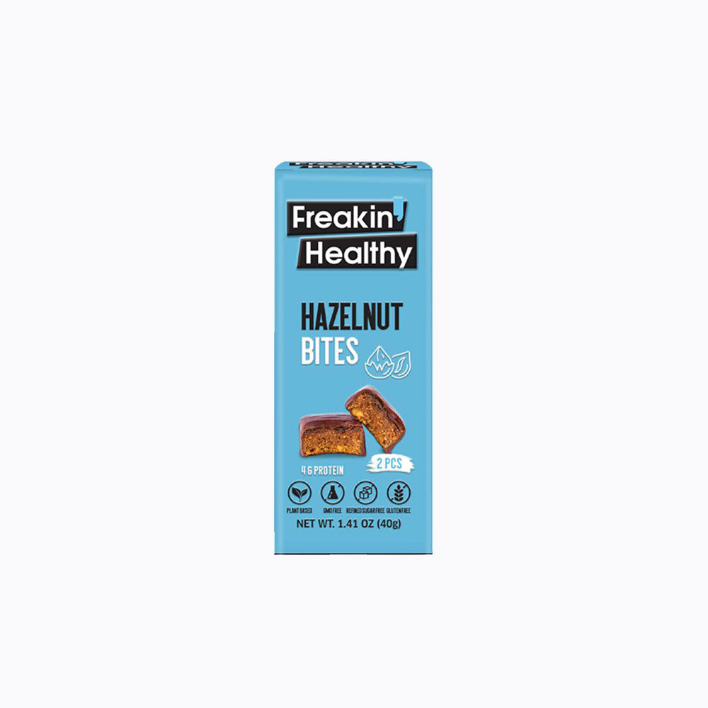 Box of Freakin' Healthy Hazelnut Bites on a white background