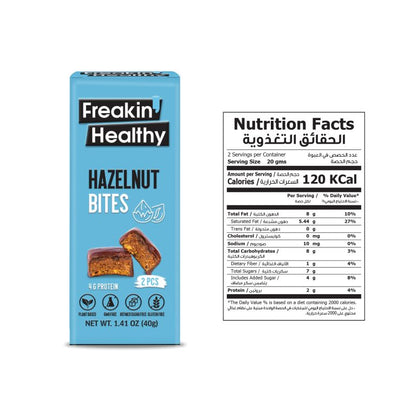 Box of Freakin' Healthy Hazelnut Bites with nutrition facts label on a white background