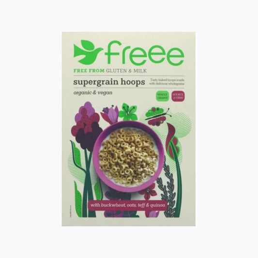 Package of 'freee' supergrain hoops with a bowl of cereal on a white background