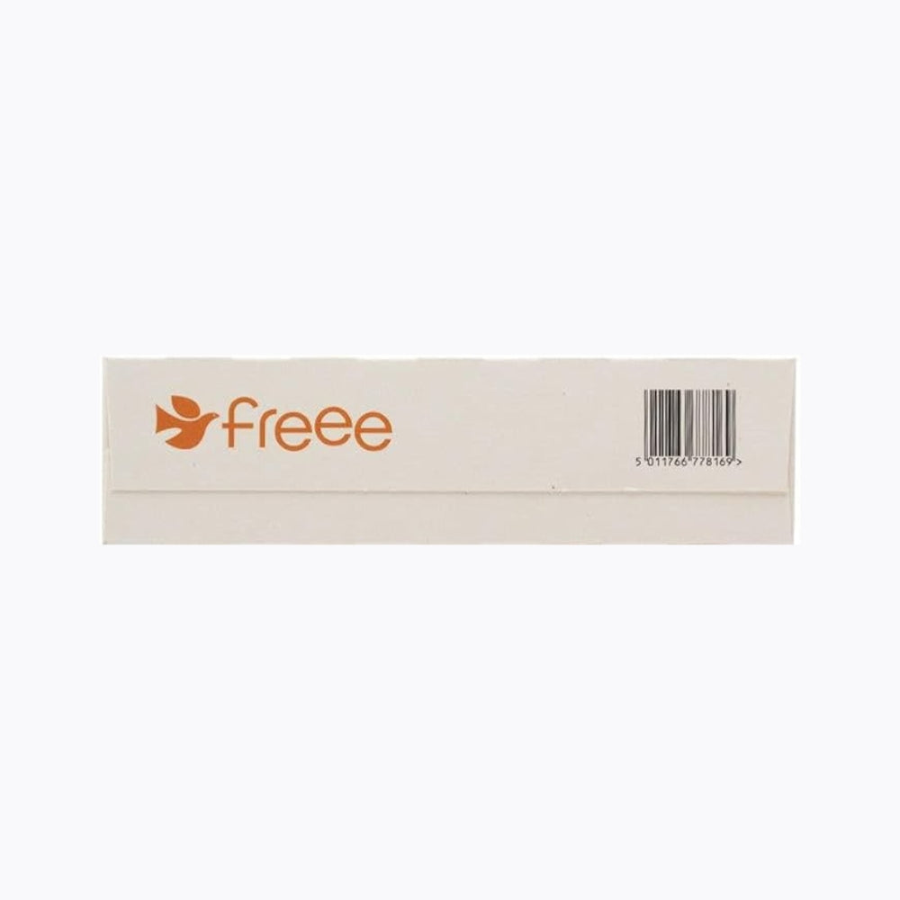 Beige strip with 'freee' logo and barcode on a white background