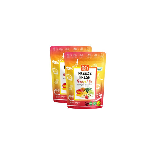 Two packages of 'Pole's Freeze Fresh' fruit mix on a white background