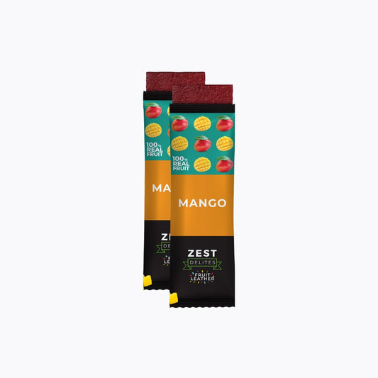 Zest fruit leather package with mango flavor on a white background