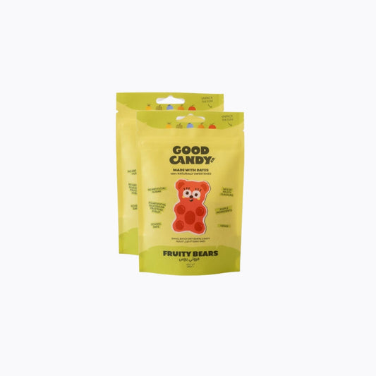 Two packages of Good Candy Fruity Bears on a white background