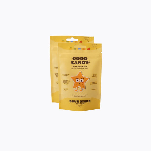 Two yellow packages of Good Candy Sour Stars on a white background