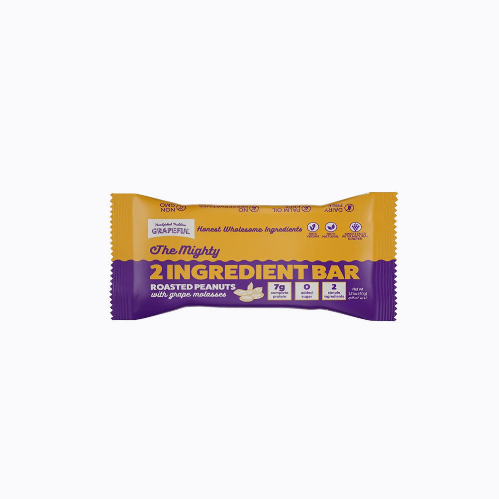 Yellow and purple bar of 'The Mighty 2 Ingredient Bar' on a white background