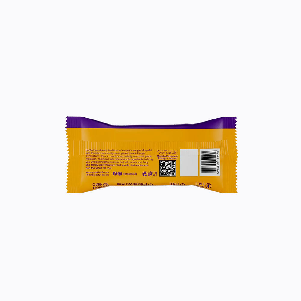 Yellow and purple snack bar package on a white background
