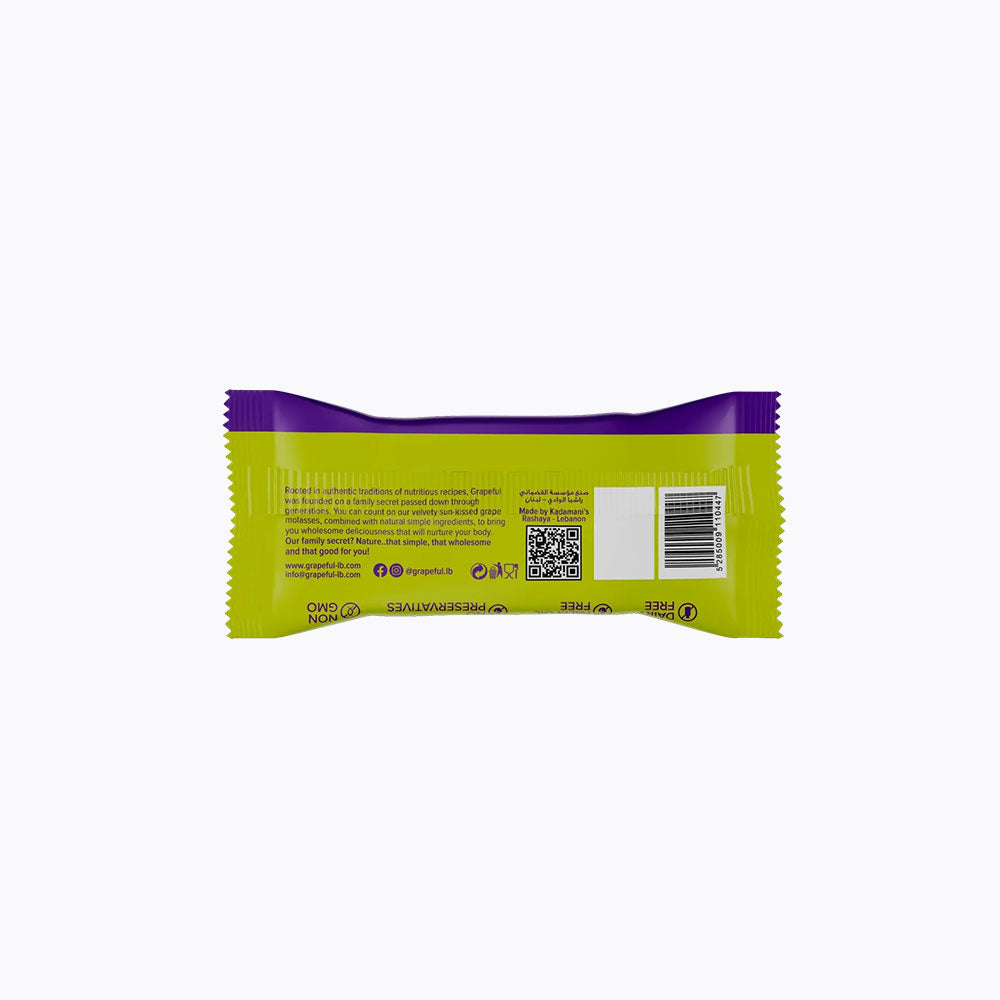 Yellow and purple snack bar packaging on a white background