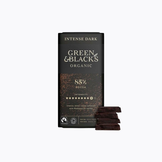Green & Black's Organic Intense Dark chocolate bar with packaging on a white background