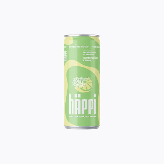 Green can of Häppi lemon soda on a white background