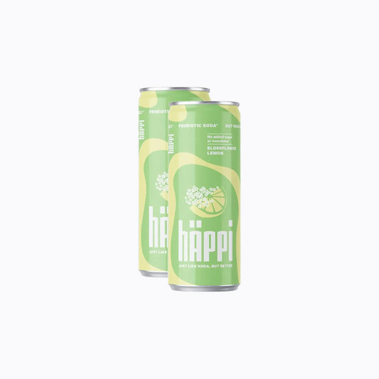 Two cans of Häppi lemon drink on a white background