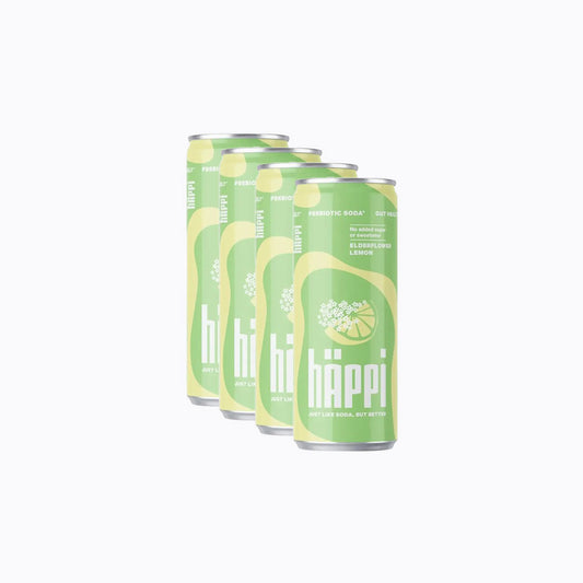 Four green cans of Häppi sparkling lemonade on a white background