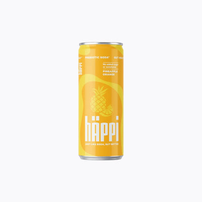 Happi pineapple orange soda can on a white background