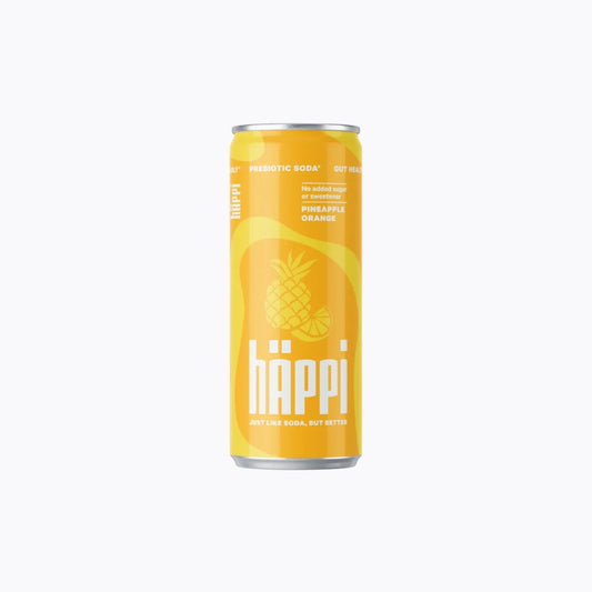 Happi pineapple orange soda can on a white background