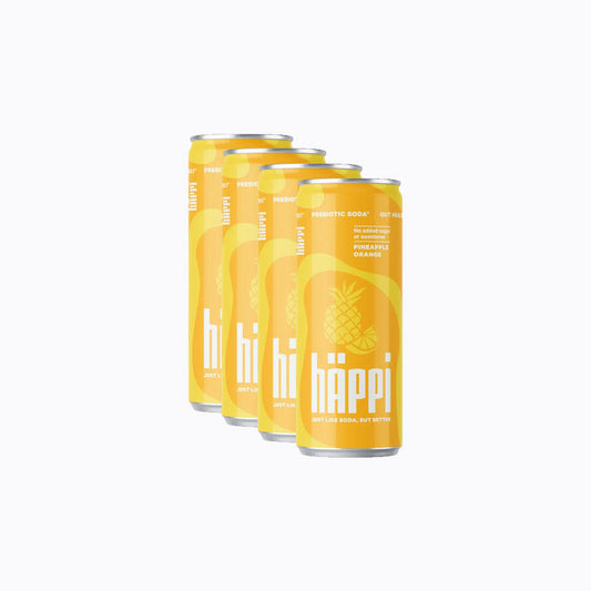 Four cans of 'hi' pineapple orange soda on a white background