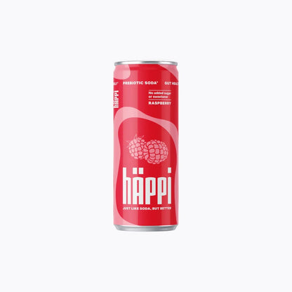 Red can of Häppi raspberry soda on a white background