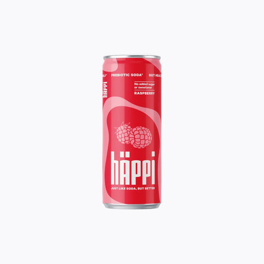 Red can of Häppi raspberry soda on a white background